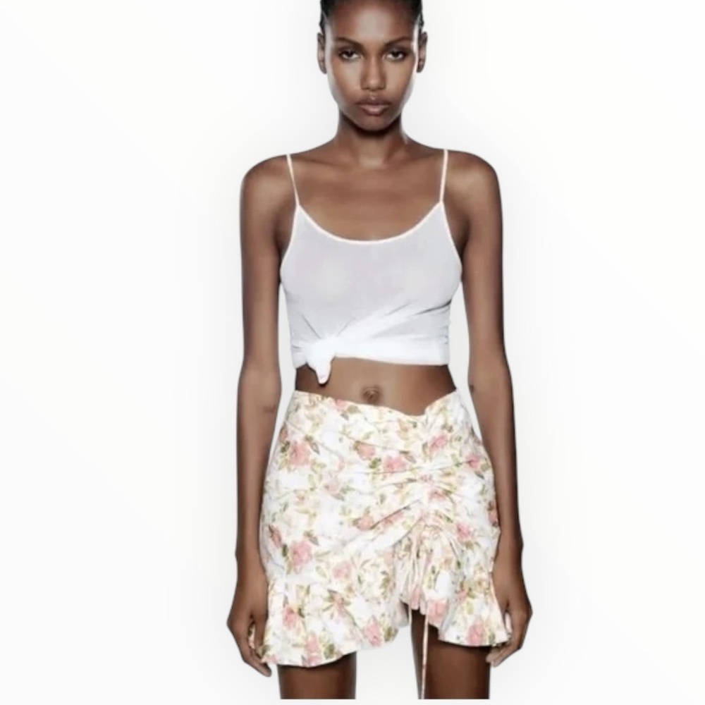 ZARA Floral Ruched Eyelet Mini Skirt Pink Cottagecore Boho Garden Party S Spring